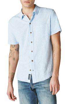 This everyday cotton-blend button-up features a polished collar and abbreviated sleeves. 28" length (size Medium) Spread collar Short sleeves 56% cotton, 32% polyester, 12% linen Machine wash, tumble dry Imported Blue Bell, Short Sleeve Button Up, Pocket Square, Lucky Brand, Button Up Shirts, Casual Button Down Shirt, Vintage Inspired, Button Up, Latest Trends