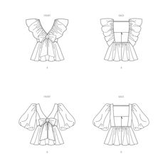 four different types of blouses with ruffled sleeves