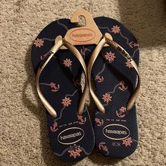 Havaianas Gold Slim Straps, Navy Blue Nautical Usa 7/8 Eur 39/40 Navy Non-slip Beach Sandals, Navy Non-slip Round Toe Sandals, Glitter Flip Flops, Floral Flip Flops, Nautical Colors, Pink Flip Flops, Printed Flip Flops, Havaianas Flip Flops, Wedge Flip Flops