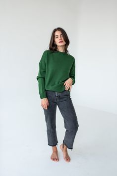 This green merino wool sweater for women is is made of soft and delicate pure merino wool. The standard length of the sweater in size M is 62 cm / 24.4 inches. A versatile design you can style your own way. This timeless sweater is a classic wardrobe piece. Long sleeve crew neck sweater, in Italian 100% merino wool yarn. Soft to the touch, it has an excellent feeling of thermal protection. Material: 100% merino wool.  If you want to make a personal order, you can request the desired color. I will try to find it and knit a sweater for you.  For this, please contact me. I'm happy to help you. We use leftover yarn from the production of collections of well-known premium brands. Therefore, we often have a limited amount of yarn in each color. And each product is unique. Treat yourself to the w Casual Green Sweater With Fine Knit, Green Wool Sweater For Layering, Green Fine Knit Sweater For Winter, Casual Green Fine Knit Sweater, Beige Oversized Sweater, Cozy Green Merino Wool Sweater, Green Sweater Outfit, Timeless Sweater, Classic Wardrobe Pieces