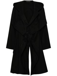 black cotton twill weave classic hood concealed front press-stud fastening drop shoulder long button-fastening sleeves two side button-fastening pockets rear slit curved hem mid-length Lapel Coat, Long Sleeve Outerwear, City Dress, Twill Weave, Trench Coat Black, Oversized Coat, Cotton Coat, Parka Coat, Yohji Yamamoto