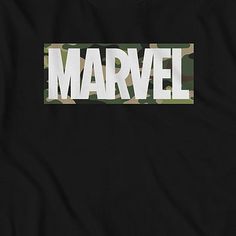 The classic Marvel logo gets a fresh new look with this officially licensed Marvel Camo Logo Men's Big & Tall Crew Neck Black Graphic T-Shirt! Bold white lettering is decorated by green, beige, and brown camo patterns across this classic men's tee that is perfect to help keep you looking and feeling heroic!Character: MarvelClosure Type: Pullover HeadFit: Regular FitNeckline: Crew NeckSleeve Length: Short SleeveFiber Content: 60% Cotton, 40% PolyesterFabric Description: KnitCare: Machine Wash, Tu Black Streetwear Top With Front Logo, Black Tops With Front Logo For Streetwear, Black Top With Front Logo For Streetwear, Black Cotton T-shirt With Front Logo, Fan Merchandise Logo T-shirt With Crew Neck, Fan Merchandise Logo T-shirt Crew Neck, Fan Apparel Crew Neck Top With Logo, Pop Culture T-shirt With Logo Print, Fan Merchandise Cotton Logo T-shirt