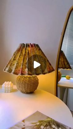 a lamp sitting on top of a table next to a mirror