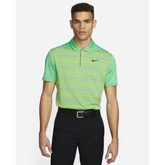 The Men's Nike Dri-Fit Tiger Woods Striped Golf Polo Offers Classic Comfort And Timeless Style. Crafted From Lightweight, Breathable Fabric, The Men's Nike Dri-Fit Tiger Woods Striped Golf Polo Is Designed To Keep You Cool And Comfortable, No Matter The Activity. Whether You're Running Errands Or Hitting The Gym, This Men's Nike Dri-Fit Tiger Woods Striped Golf Polo Will Keep You Looking And Feeling Your Best. Features Nike Dri-Fit Technology Moves Sweat Away From Your Skin For Quicker Evaporati Fitted Yellow Polo Shirt For Spring, Green Fitted Sports Polo Shirt, Fitted Green Polo Shirt For Sports, Fitted Green Polo Shirt For Spring, Casual Nike Golf Tops, Green Cotton Golf Tops, Green Cotton Tops For Golf, Green Summer Golf Top, Casual Green Tops For Golf