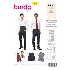 Burda Style Sewing Pattern - No.3403 Vest & Accessories Order unit corresponds to: 1 original packaging pattern Classic men's vest, close-fitting, with flap pockets, lining back and straps. Plus the right accessories for every occasion: cummerbund, bow tie, tie and two scarves. Fabric recommendation: Silk, brocade, light wool fabrics, moiré Ingredients: see photo Size: 46 - 60 Level: 3 - medium Pattern Vest, Burda Patterns, Vest Pattern, Burda Style, Silk Brocade, Fashion Sewing Pattern, Men's Vest, Mens Vest, Classic Man