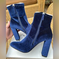 Steve Madden - Edit New With Original Box Size 9 Beautiful Blue Velvet Bootie With Silver Accent Zipper Elegant Blue Ankle-high Boots, Blue Ankle Boot Heels For Party, Blue Ankle Heeled Boots For Party, Elegant Blue Heels For Winter, Formal Blue Ankle Boot Heels, Elegant Blue Heeled Boots For Winter, Elegant Blue Heeled Boots For Formal Occasions, Elegant Blue Formal Heeled Boots, Blue Pointed Toe Heeled Boots For Formal Occasions