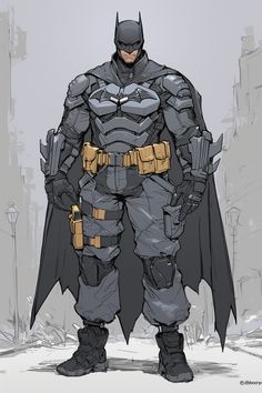 a drawing of batman standing in the middle of a city with his hands on his hips