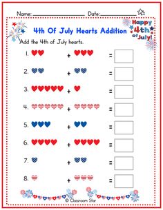 4th of july hearts addition worksheet for kids to practice counting and subming