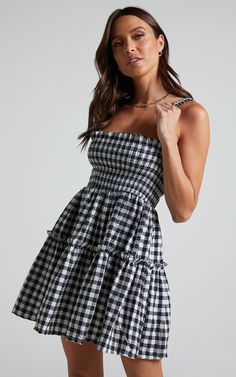 Wilda Mini Dress - Shirred Tiered Dress in Black and White Check | Showpo Alabama Gameday Outfit, Gameday Outfit, Gingham Dress, Tier Skirt, Flat Sneakers, Tiered Skirt, Tiered Dress, Sewing Dresses, Heeled Sandals