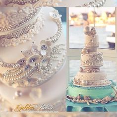 there is a wedding cake with pearls on the top and bottom, along with other decorations