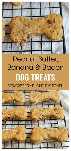 peanut butter, banana and bacon dog treats on a cooling rack with text overlay