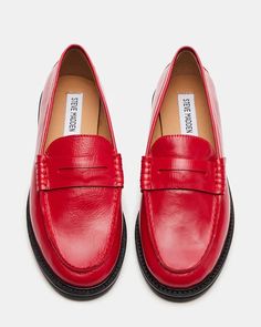 MADISON Red Leather Penny Loafer | Women's Loafers – Steve Madden Red Loafers Outfit Women, Loafer Heels Outfit, Red Loafers Women, Steve Madden Loafers, Red Loafers, Lace Jeans