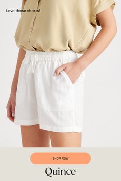 Relaxed and lightweight, these shorts are equally perfect for lounging around or stepping out to see friends. Made from soft, 100% organic linen, they’re a perfect addition for the warm weather.  | Quince | Women's Shorts in White, Size Small, Linen Comfortable Summer Pajama Shorts, Everyday White Summer Shorts, White Summer Shorts For Everyday, Comfortable Linen Short Bottoms, White Linen Casual Pajama Shorts, White Relaxed Fit Bermuda Shorts For Vacation, Comfortable Linen Shorts With Relaxed Fit, Comfortable Linen Shorts For Spring, Relaxed Fit Linen Pajama Shorts For Spring