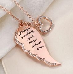 Rose Gold Angel Wings Love Letter Necklace with Heart Charm - Pink Meaningful Rose Gold Necklace For Valentine's Day, Personalized Pendant Charm Necklace For Valentine's Day, Valentine's Day Pendant Charm Necklace As Personalized Gift, Rose Gold Heart Necklace With Charms For Gift, Rose Gold Heart Necklace With Charms As Gift, Personalized Charms Necklaces For Valentine's Day, Heart-shaped Meaningful Jewelry For Valentine's Day, Heart Pendant Charm Necklace For Valentine's Day, Meaningful Heart-shaped Jewelry For Valentine's Day