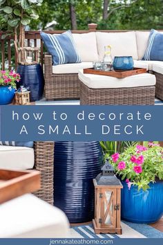 an outdoor patio with blue and white furniture