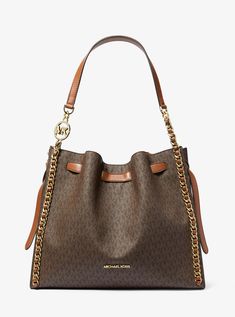 Mina Large Signature Logo Chain Shoulder Bag | Michael Kors Logo Tote Bag In Signature Coated Canvas, Brown Canvas Bags With Gold-tone Hardware, Daily Use Canvas Shoulder Bag With Branded Hardware, Canvas Shoulder Bag With Branded Hardware For Travel, Daily Use Signature Coated Canvas Shoulder Bag With Logo, Canvas Bags With Branded Hardware For Everyday Use, Everyday Canvas Bag With Metal Hardware, Brown Coated Canvas Bag With Metal Hardware, Travel Bag With Logo And Signature Coated Canvas