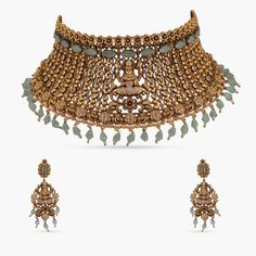 Vimala Antique Nakshi Choker Set Intricate Design Choker For Receptions And Festivals, Intricate Design Choker For Reception And Festivals, Bridal Choker Necklace With Intricate Design For Reception, Intricate Choker Bridal Necklace For Reception, Elegant Heavy Temple Necklace Choker, Heavy Choker Bridal Necklace For Reception, Wedding Temple Jewelry Metal Choker, Heavy Bridal Choker Necklace For Reception, Metal Wedding Temple Jewelry Choker