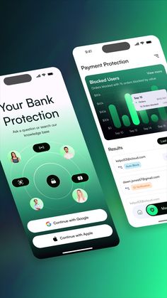 two smartphones displaying the bank protection screen and an app with icons on each side
