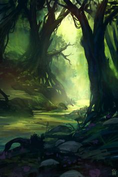 a painting of trees and water in the middle of a forest with sunlight streaming through them