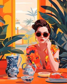 a painting of a woman wearing sunglasses sitting at a table with plates and cups in front of her