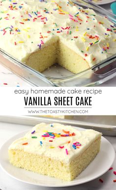 vanilla sheet cake with white frosting and sprinkles on top, cut into slices