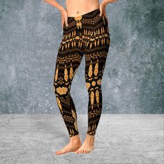 These multicoloured UV-Reactive Psychedelic Fractal Print Leggings are perfect for any festival or dance event.  Made of soft polyester and elastane, they are lightweight and comfortable to wear. These ankle-high cut and mid-waist fit leggings are available in sizes XS to 2XL. The slimming feature adds to the flattering fit. The elastic waistband ensures a secure fit while the stretchy material allows for ease of movement during yoga or dance, these leggings are assembled in the USA for total qu Stretch Full-length Leggings For Festival, Punk Leggings, Fitted Punk Leggings, Goth Leggings, Occult Leggings, Bohemian Full-length Stretch Yoga Pants, Aztec Print Leggings, Gothic Leggings, Yoga Tights