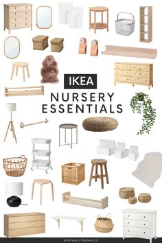 the ikea nursery essentials are all in white and wood, with text overlaying