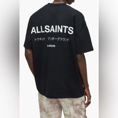 Size M All Saints Tee Brand New In Packaging Oversized Black Slogan Top, Black Shirt With Back Print, Relaxed Fit, Oversized Black Letter Print T-shirt, Black Oversized T-shirt With Letter Print, Oversized Black T-shirt With Letter Print, Black Slogan Shirt For Streetwear, Black Relaxed Fit T-shirt With Letter Print, Black Relaxed Fit Top With Letter Print, Black Shirt With Text Print Relaxed Fit