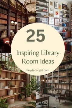 the library with bookshelves and chairs is featured in this postcard for 25 inspiing library room ideas