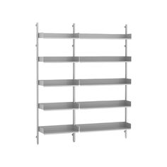 a white shelf with four shelves on each side