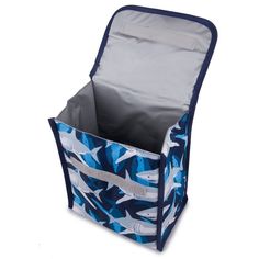 a blue and white camouflage print storage bag with handles on the side, open to reveal an inner compartment