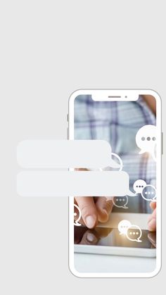 a person holding a cell phone with speech bubbles coming out of the screen and touching their fingers