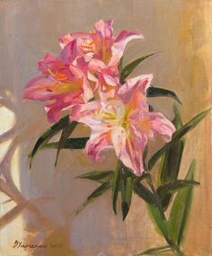 a painting of pink flowers in a vase