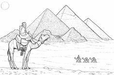 a black and white drawing of a man on a camel with pyramids in the background