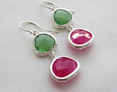 Peridot Green with Fuchsia Hot Pink Drop Earrings Bridesmaid Gift Wedding Earrings, Bridal Jewelry ,Green Dangle Earrings, Gift Pink Wedding Earrings With Birthstone, Green Dangle Earrings, Pink Drop Earrings, Hot Pink Earrings, Earrings Teardrop, Peridot Green, Earrings Bridesmaid, October Birthstone, Pink Earrings