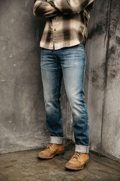 Japanese Denim. American Built. Dark Wash Pre-washed Jeans For Fall, Rugged Faded Rigid Denim Jeans, Rugged Denim Jeans With Standard Cut Leg, Pre-washed Straight Leg Jeans For Fall, Fall Pre-washed Straight Leg Jeans, Rugged Standard Cut Denim Jeans, Relaxed Fit Selvedge Jeans In Medium Wash, Relaxed Fit Medium Wash Selvedge Jeans, Rugged Fitted Jeans With Five Pockets