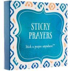 sticky prayer book with blue and orange designs on the cover, which reads sticky prayers