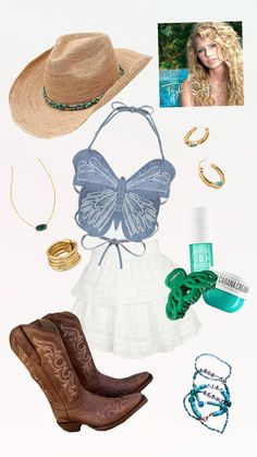 a woman's outfit and accessories including cowboy boots, bracelets, necklaces, hat, ring, earrings