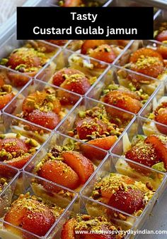 several plastic containers filled with food on top of a white tablecloth and text overlay that reads tasty custard guba jamun