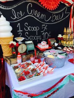 an ice cream parlor is decorated with red, white and blue decorations for the dessert table