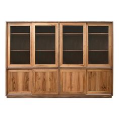 a wooden bookcase with glass doors on the top and bottom, against a white background