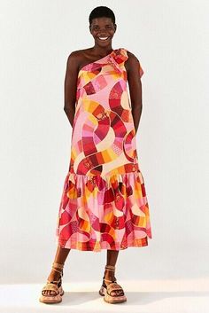 One-shoulder Ruffled Sundress, One Shoulder Ruffle Sundress, Chic Multicolor One Shoulder Dress, Multicolor One-shoulder Ruffle Dress, One-shoulder Midi Beach Dress, Chic Multicolor One-shoulder Dress, Pink One-shoulder Midi Dress For Beach, One-shoulder Pink Beach Dress, One Shoulder Multicolor Midi Dress For Vacation