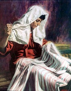 a painting of a woman sitting on a bench wearing a white shawl over her head