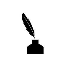 a black and white silhouette of a pen with a feather on it's tip