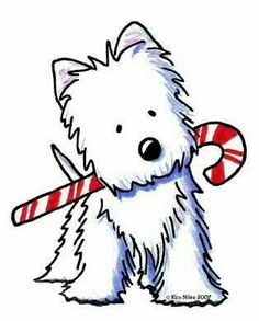 a drawing of a dog holding a candy cane in it's mouth and looking at the camera