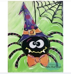 a painting of a spider wearing a witches hat