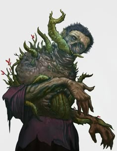 an image of a creepy creature with arms and legs wrapped around him, holding something in his hands