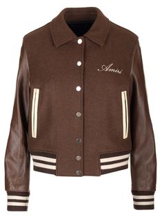 "Bones" varsity jacket brown wool jacket from Amiri, with classic design, press studs, low pockets, standard fit. Bones Varsity Jacket, Varsity Jacket Brown, Bone Bordado, Monsieur Madame, Checkered Shirt, Jacket For Women, Shirt Skirt, Press Studs, Wool Jacket