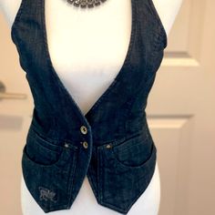 Nwt Dark Denim Vest, Fun To Dress Up Or Down, Can Be Worn In Many Ways. Vest Has Slim Fit. Beautiful Details Jean Vest Top, Fitted Cotton Denim Top With Pockets, Fitted Dark Wash Denim Top With Pockets, Chic Fitted Dark Wash Denim Vest, Fitted Dark Wash Denim Vest, Denim Vest Aesthetic, Denim Couture, Denim Vests, Digital Closet