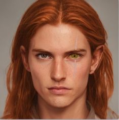 an artist's rendering of a redheaded man with long red hair and green eyes